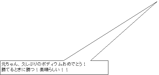 四角形吹き出し: 元ちゃん、久しぶりのポディウムおめでとう！
勝てるときに勝つ！素晴らしい！！